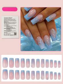 24pcs Gradient Blue French Manicure Nail Stickers, Heart Rhinestone Decor, Luxury Full Coverage, Suitable For Women & Girls Daily Wear, Dates, Valentine's Day Press On Nails - Baby Blue - View 2