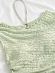Girls' Summer 2 Pieces Set Yellow Pleated Knit Asymmetrical Shoulder Top + Multi-Layer Ruffle Skirt Set, Suitable For Summer Outdoor Casual Gatherings, Machine Washable - Mint Green - View 6
