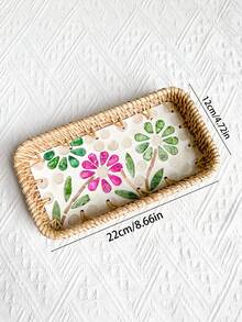 1个手工编织藤条托盘，饰以彩色贝壳和花卉图案（8.66x4.72英寸） - 长方形敞口INS风格奢华复古收纳盒，多用途，适用于厨房/餐厅/咖啡桌，天然耐用 - 彩色 - 查看 42