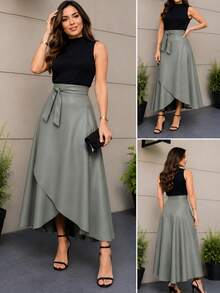 Wrap Skirt In Leatherette With Elastane - Olive Green - View 2