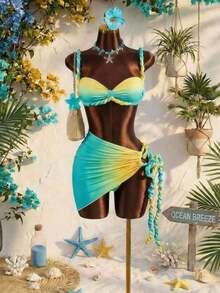 Conjunto de traje de baño de 3 piezas con detalles de lino para mujer, que incluye bikini y cubre con lino, adecuado para vacaciones en la playa y uso diario, sexy, lindo, elegante, nueva llegada - Multicolor - Ver 11