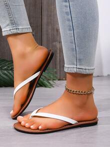 Spring/Summer New Thong Sandals, Round Toe Flat Flip Flops, Casual Indoor/Outdoor Slippers - White Brown - View 4