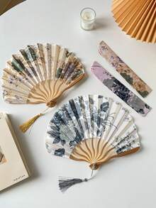 2pcs Vintage Floral Folding Fan With Tassel And Fan Sleeve– Handcrafted Chinese Style Dance Accessory, Portable And Decorative For Everyday Use And Special Occasions - 2PCS - 查看 2