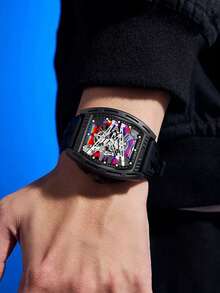 1PC Men's Multi-Color Hollow Watch, Black, White, Red Three-Color Silicone Strap, Mechanical Style, Hollow Mechanical Chronograph Function, Barrel-Shaped Hollow Colorful Dial, Men's Luxury Watch Accessory, Suitable For Summer Wear, Birthday, Valentine's Day, Father's Day Gift, Luxury Gift For Boyfriend And Son - Multicolor - View 3
