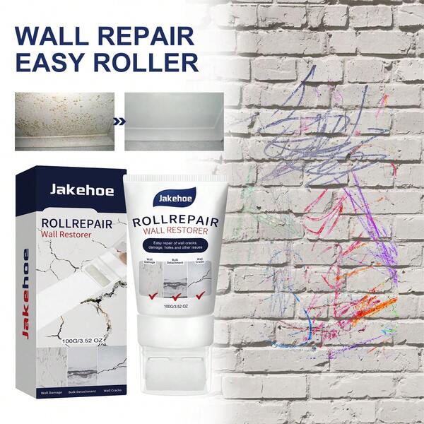 Pasta reparadora de pared Jakehoe 100g, restaurador de pared todo en uno con rodillo para reparar fácilmente grietas, agujeros y daños en la pared