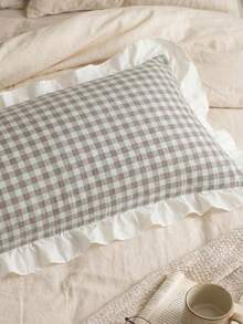 1pc Mint Chocolate Plaid Long Pillowcase (Pillow Insert Not Included), With Ruffle Design, Comfortable And Breathable Polyester Fiber Material, Suitable For Bedroom, Home Decor, Multi-Functional Daily Fresh And Cute, Plaid Pillowcase, Ruffle Design, Mint Chocolate Tone, Comfortable Bedding, Cute Aesthetic, Popular Style - Multicolor - View 8