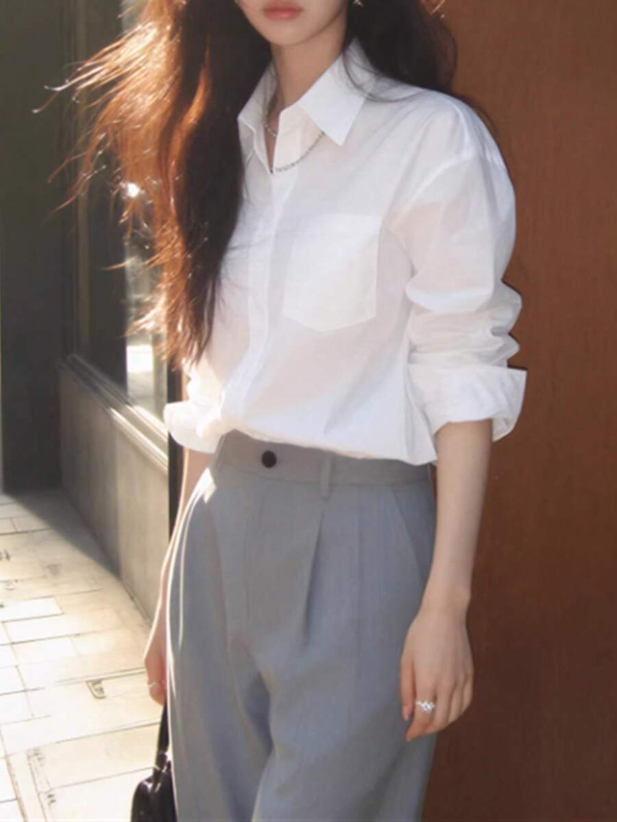 Women's Solid Color Single-Breasted Casual Versatile Daily Wear Shirt White - White - View 1