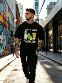Funny T-Shirt With 'I Love A Good Threesome' And Tequila Print For Bartenders, Casual Graphic Tee For Men And Women, Short Sleeve T-Shirt, 180G Heat Transfer Print, Available In Sizes S-3XL, Suitable For Daily Life, Home, Office, Shopping, And Other Occasions. PIQB - 黑色 - 查看 4