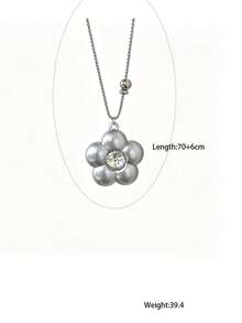 韩式哑光银色水钻镶嵌3D立体花朵钛钢项链，独特高端甜美酷炫长款毛衣链，女士款 - 銀色 - 查看 9