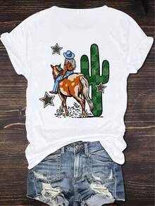 Women's Western Cowboy Print T-Shirt - Casual Short-Sleeve Crew Neck Top, Soft And Breathable, With Cactus And Riding Designs, Machine Washable, Ideal For Summer, Suitable For Home, Work, Parties, Casual Wear, Loose Fit With Comfortable Fabric. Adorable Animal Print | Fun Letter Print | Pairs Well With Streetwear | Summer Outdoor Or Everyday Wear | Daily Wear For Sweet Girls Or Students | Cool And Sweat-Free Summer Clothing - 白色 - 查看 1
