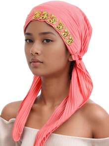 1pc Crinkle Solid Color Turban Hijab With Gold Rhinestone Decor, Stretchy Pre-Tied Head Scarf For Muslim Women, Instant Head Wrap Cap - A - View 9