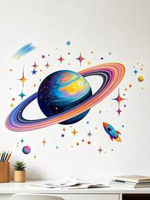 星空太空人火箭圓盤牆面裝飾，含九大行星背景，可拆卸，適用於兒童房或客廳牆貼 - 彩色 - 查看 9