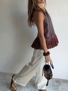 Womens Western Cowgirl Fringe Top Country Concert Outfits Festival Tassel Hem Boho Rodeo Camisole Rave Tank Shirt - Dark Brown - View 10