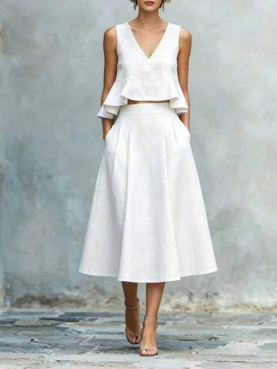 Old Money Linen-Blend Peplum V-Neck Sleeveless Top & High-Waisted Wide Leg Culottes Two-Piece Set, Vacation Outfits Women, Effortless Elegant Aesthetic - 白色 - 查看 1