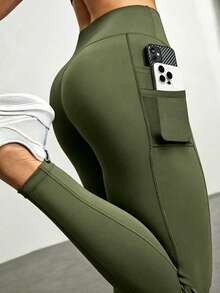 Pantalones de yoga de cintura alta con doble bolsillo, levantamiento y adelgazamiento, mallas de fitness, pantalones ajustados para exteriores, deportes de primavera - Verde militar - Ver 1