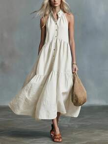 2026 New Elegant Sleeveless Casual Loose Linen Buttoned Vest Dress - Off White - View 1