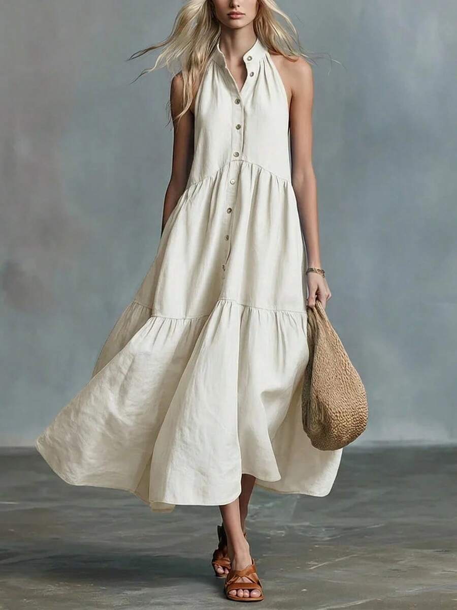 2026 New Elegant Sleeveless Casual Loose Linen Buttoned Vest Dress - Off White - View 1