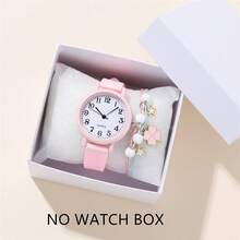 Set de 2 relojes de cuarzo con correa de silicona y esfera numérica minimalista + pulsera, reloj de moda para estudiantes - Rosa - Ver 7