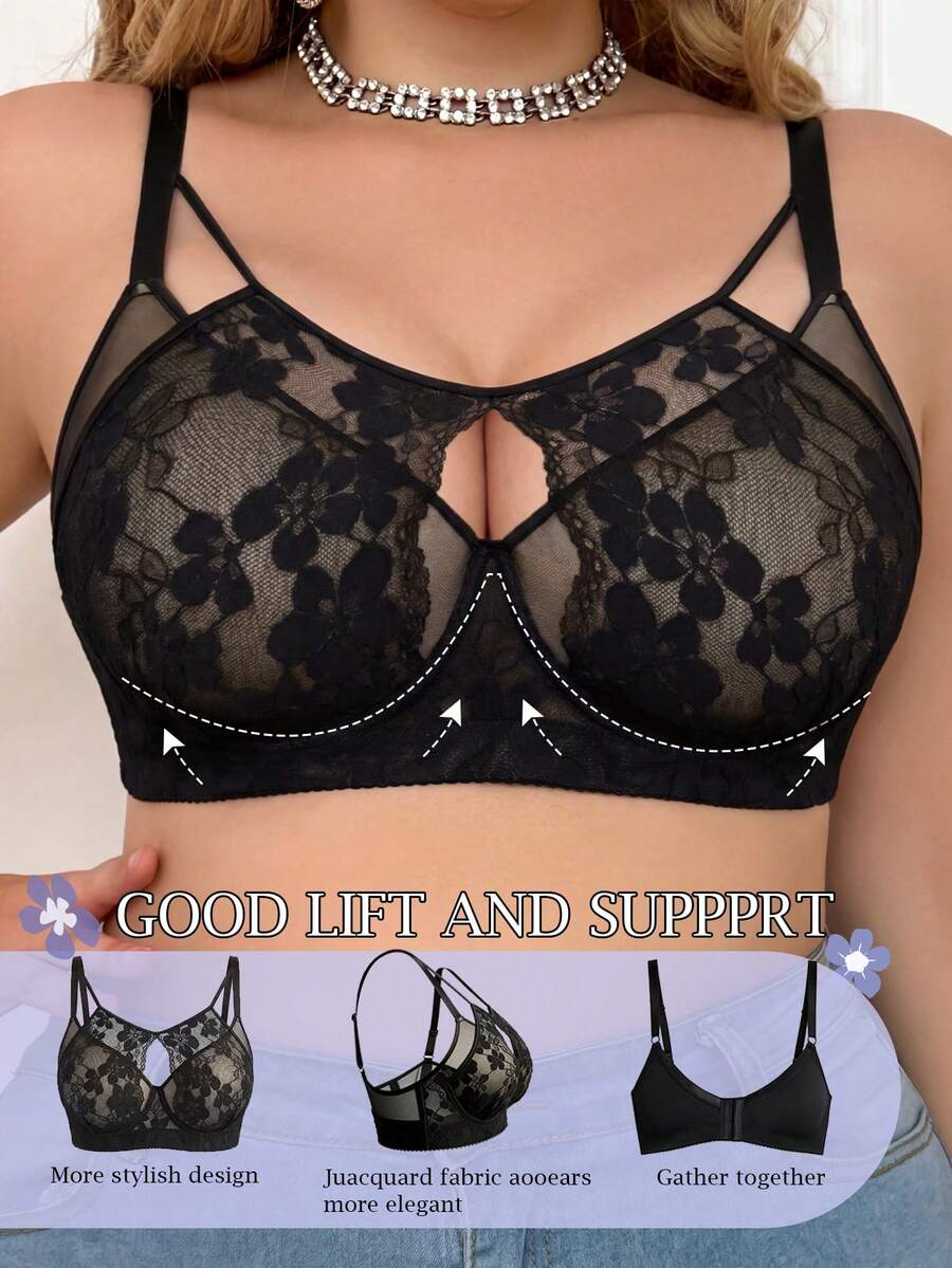 mimilemon Plus Size Women's Black Lace Sheer Push-Up Bra - Breathable Comfortable Hollow-Out Design Full Support - Black - View 1