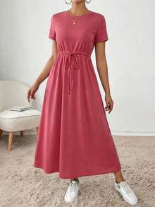 Vestido midi con cordón en la cintura, bolsillo lateral, ropa de regreso a la escuela, ropa de mujer para otoño, atuendos de maestra, vestido de despedida de soltera, vestidos casuales de mujer, vestidos midi de mujer, vestidos de trabajo de mujer, vestidos de otoño para mujer, vestidos maxi de mujer, disfraz de Halloween, vestido casual de negocios, vestidos de verano para mujer - Rojo - Ver 4