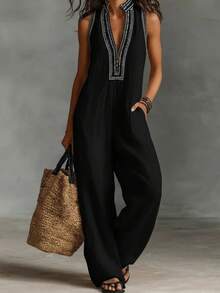 Women's Jumpsuit, Sleeveless V-Neck, Elegant, Casual 1-Piece Pants Jumpsuit 2026 Summer Set - 天藍色 - 查看 6