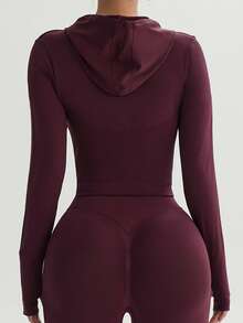 Damen Fitness-Yoga-Jacke in Burgunderrot mit Daumenlöchern, Slim Fit, Bauchkontrolle, Sommerstil - Bordeaux - Übersicht 5