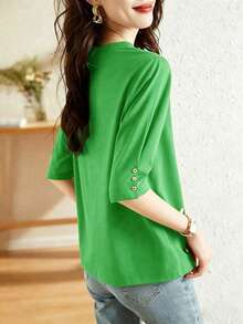 Atasan Kasual Lengan Sedang dengan Desain Kancing, Model Baru Fashion Musim Panas, Kaos Lengan 3/4 Leher Bulat Serbaguna untuk Wanita, Melangsingkan - Cadet Blue - View 4