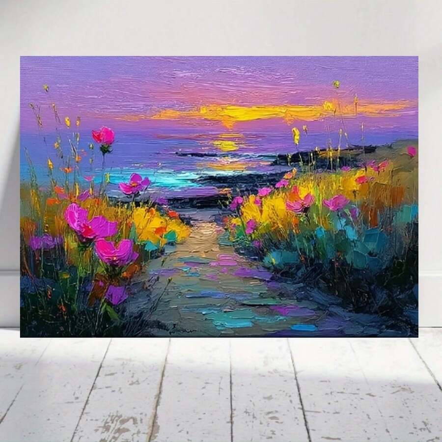2D Plano, 2D Plano, 2D Plano Una Pieza de Arte de Pared 2D Plano Moderno con una Pintura al Óleo de Flores en la Playa al Atardecer, Perfecto para Decoración de Interiores. Ideal para Aulas, Cocinas, Oficinas en Casa, Baños, Salas de Estar, Dormitorios, Comedores - Enmarcado - Ver 1