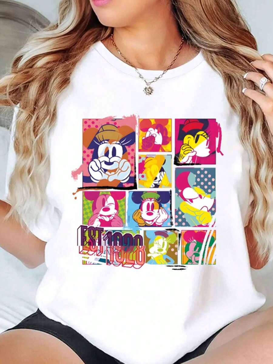 Minnie Mouse Colorful Grid Print Disney Women T Shirt Round Neck Short Sleeve Casual Everyday Wear Summer Holiday Soft Comfortable 220g - White - View 1