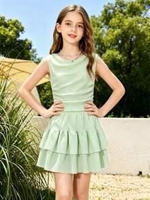 Girls' Summer 2 Pieces Set Yellow Pleated Knit Asymmetrical Shoulder Top + Multi-Layer Ruffle Skirt Set, Suitable For Summer Outdoor Casual Gatherings, Machine Washable - Mint Green - View 3