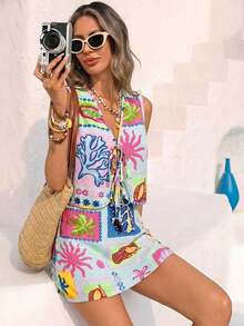 Conjunto de 2 piezas de top con amarre delantero y minifalda con estampado de limón y fresa para vacaciones - Azul - Ver 5