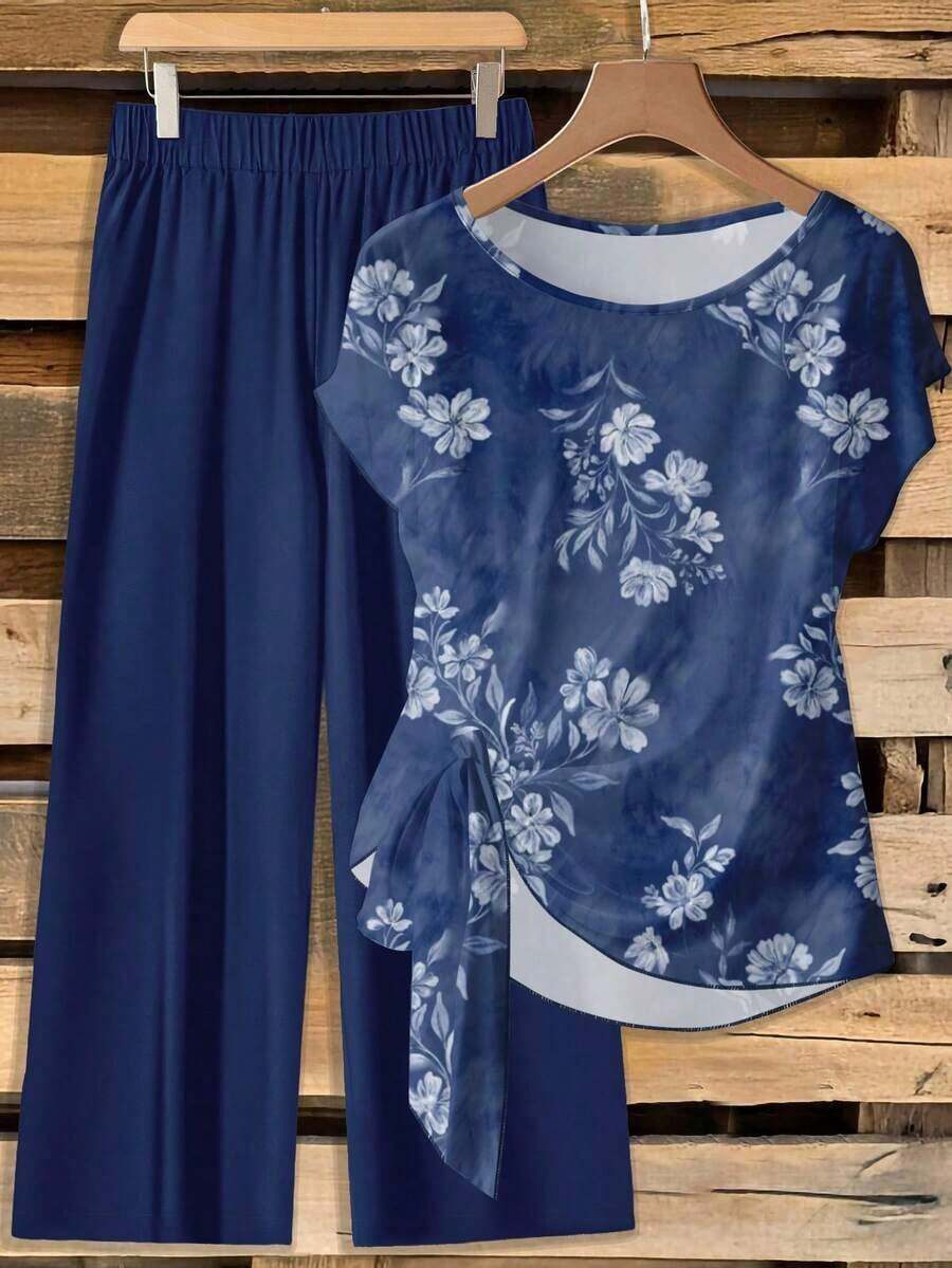 Clasi Conjunto de 2 piezas de camisa de manga corta holgada con lazo y pantalones rectos holgados, de estilo vintage elegante y versátil, con estampado floral azul sobre base blanca, adecuado para otoño/invierno, cómodo y cálido - Multicolor 9 - Ver 1