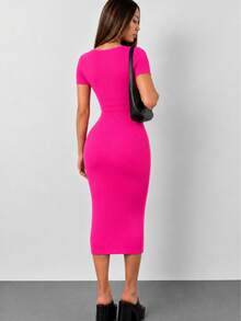 MHG Vestido Midi Ajustado Mujer Tela Rib Acanalada Manga Corta Casual Elegante Stretch Moldea Figura Moda Viral - Rosa Fucsia - Ver 3
