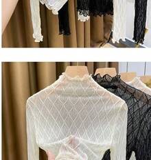 Top de cuello alto elegante y para mujer, Top de encaje de tela de malla de Color sólido, Top de malla transpirable con patrón hueco - Albaricoque - Ver 2