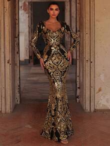Faeriesty Đầm maxi dài tay dáng đuôi cá đính sequin lấp lánh dành cho nữ, đầm dạ hội trang trọng cổ trái tim thanh lịch, thiết kế tương phản cho đám cưới. - Vàng - Xem 5