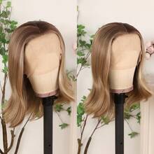 Glueless 13X4 Platinum Blonde Short Wave Lace Front Wig Pre Plucked Hairline Soft Bob Wavy Wigs 14 Inch Heat Resistant Ombre Blonde Colored Bob Wavy Synthetic Hair Replacement Wigs Breathable HD Lace 180% Density Wear And Go Wigs For Women Girls Daily & Party Use - 漸層棕色 - 查看 2