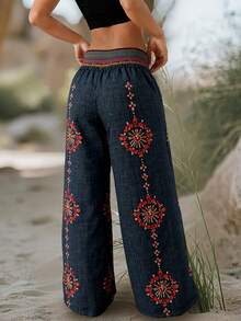 Plus Size - Plus Size - New Spring/Autumn Design Niche High Waist Retro Loose Casual Pants With Random Print Wide Leg - Black - View 3