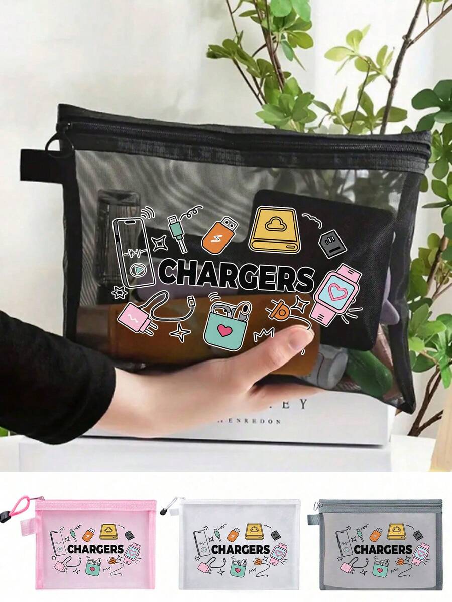 印有「Charger」字樣的網格化妝包，便攜式收納袋，多功能收納袋，化妝包，護膚品袋，旅行必需品，宿舍用品，珠寶收納，口紅和化妝品收納袋。適合商務人士和旅行者，實用便攜式收納袋，完美用於存放旅行、辦公室和居家數位配件，推薦作為節日和生日禮物