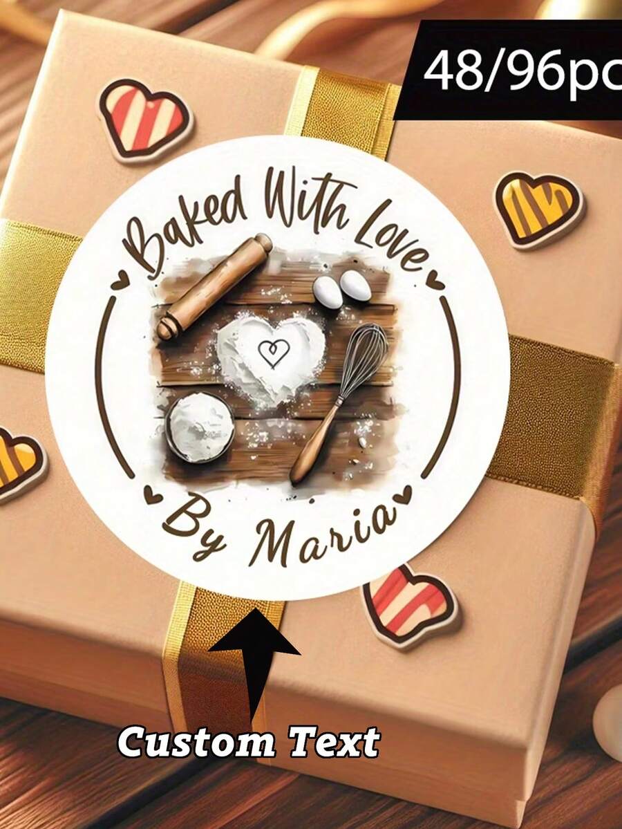 Customized 48/96pcs "Heart Baking" Round Stickers, Customizable Text Content, Waterproof And Oil-Proof, Perfect For Baking Food Packaging, Kitchen Storage, Gift Labels, Etc. - Model 3 - View 1