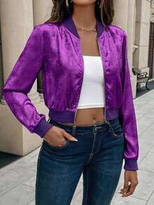 Chaqueta de béisbol con cremallera metálica dorada, puños acanalados, ajuste slim, elegante y versátil, cárdigan corto para ropa de fiesta de Año Nuevo - Morado 2 - Ver 6