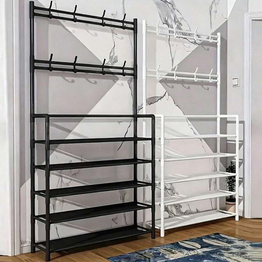 Estantería multifuncional de 4/5 niveles de hierro para zapatos y abrigos, con 8 ganchos, fácil montaje, estantería de almacenamiento resistente, mueble de entrada ahorra espacio - Multicolor - Ver 1