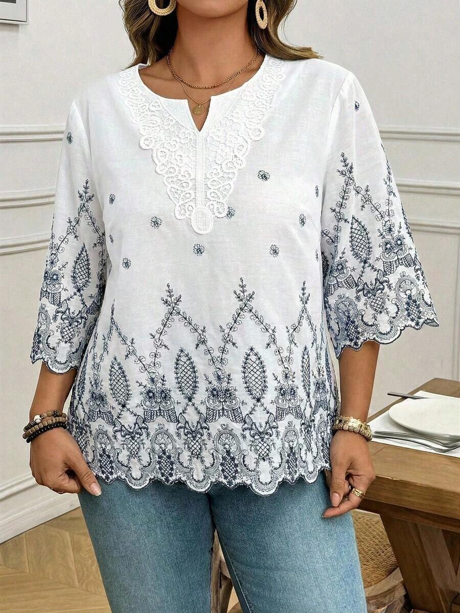 LUNE Blusa de verano de talla grande, de unicolor, hueca, bordada, casual, para vacaciones, temporada de bodas, nuevo diseño de playa para mujer - Multicolor - Ver 1