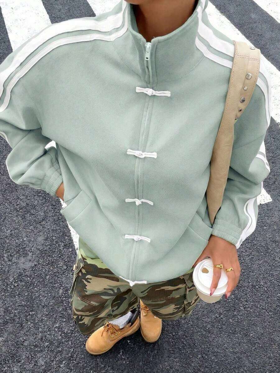 Chaqueta ligera con cremallera frontal y rayas laterales con estampado de caballero para mujer - verde menta - Ver 1