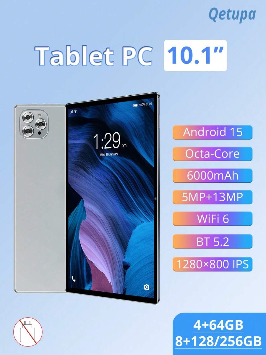 Qetupa Android 15 10.1 英寸平板电脑,4GB RAM + 64GB ROM / 8GB RAM + 128GB ROM / 8GB RAM + 256GB ROM(支持最高 1TB SD 卡扩展),MTK 8788 八核 2.0GHz 处理器,高清 (1280x800) IPS 触控屏,5MP + 13MP 双摄像头,6000mAh 电池,Type-C 接口,支持 802.11ax Wi-Fi 6 和 GPS(不支持 SIM 卡) - 銀色 - 查看 1