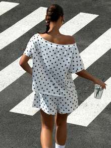 Conjunto de dos piezas de camisa de manga corta asimétrica con estampado de luna y pantalones cortos para mujer de , ideal para vacaciones casuales de verano. - Azul - Ver 8