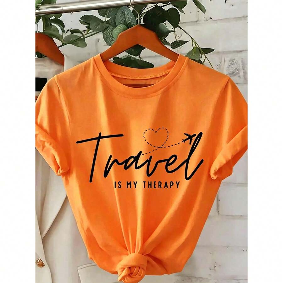 Women's Cotton T-Shirt, "Travel Is My Relax" Letter,Airplane & Heart Print,Loose Round Neck Short Sleeve Tee,Breathable For Summer Daily Wear - 橘色 - 查看 1