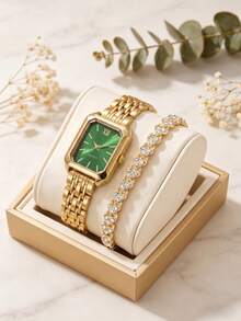 2Pcs/Set Teen Gold Watch & Bracelet Set, Green Dial Rectangle Quartz Watch With Rhinestone Bracelet, For Back To School & Vacation, No Box - Green - View 5