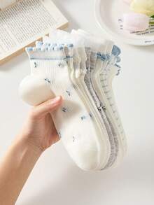 4 pares de calcetines cortos para mujer, estilo minimalista y cómodo, versátiles calcetines cortos con estilo de bosque, calcetines cortos con encaje floral y flores, calcetines casuales para estudiantes, adecuados para vacaciones, uso diario, trabajo, deportes, primavera/verano/otoño, colores aleatorios - Multicolor - Ver 11