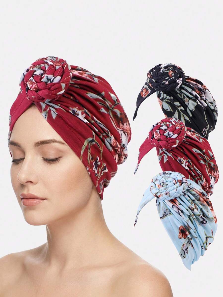 3 chiếc mũ turban kiểu châu Phi dành cho nữ, mũ trùm đầu co giãn, mũ mềm mại dùng hàng ngày. - Hoa màu đen / Hoa màu đỏ rượu vang / Hoa màu xanh nhạt - Xem 1