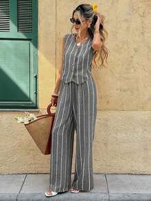 Frenchy Conjunto de 2 piezas de top sin mangas con botones a rayas y pantalones casuales para mujer - Gris - Ver 4